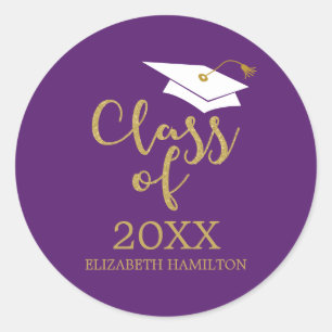 Klas van 2024 Grad Cap Gouden Glitter Calligrafie Ronde Sticker