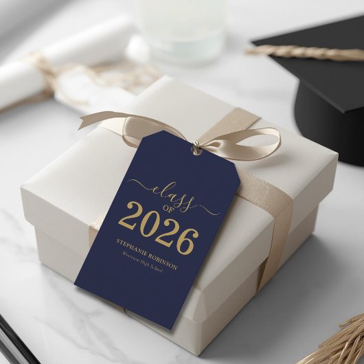 Klas van 2026 Navy Blauwe Gouden Script Afstuderen Cadeaulabel