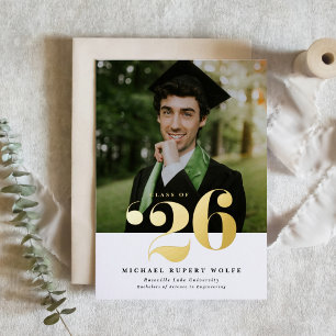 Klas van 2026 Typografie Foto Afstuderen Goud Folie Uitnodiging