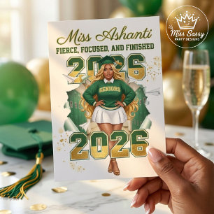 Klas van 2026 Zwart meisje afstudeert groen en gou Kaart