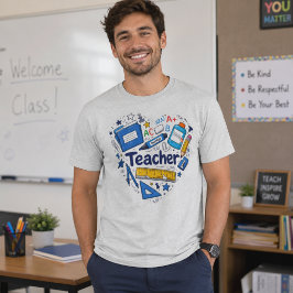 Klaslokaal ontwerp met schoolbenodigdheden voor le t-shirt