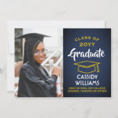 Klasse Jaar Navy Blauw en Goud Afstuderen Foto Kaart (Voorkant)