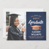 Klasse Jaar Navy Blue en Copper Afstuderen Foto Kaart (Voorkant)