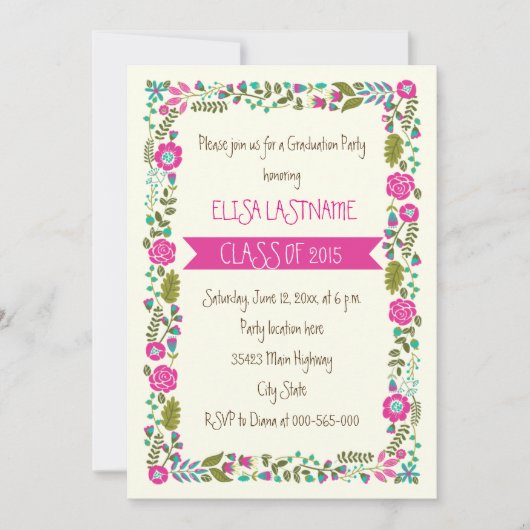 Klasse van 2015 roze & aqua floral border afstuder kaart (Voorkant)