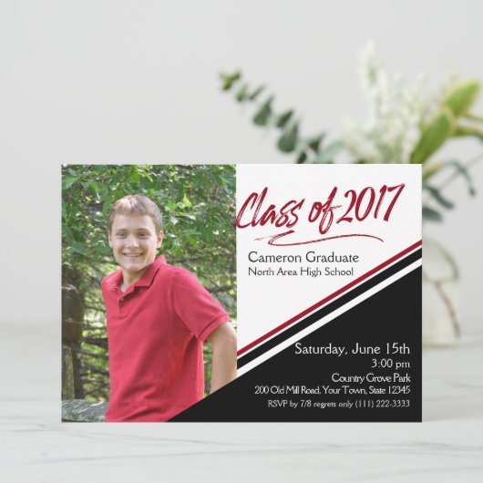 Klasse van 2017 Hand Script Zwart en Rood Foto Kaart (Staand voorkant)