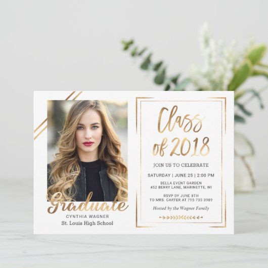 Klasse van 2018 Zwart Wit Goud Foto Afstuderen Kaart (Staand voorkant)