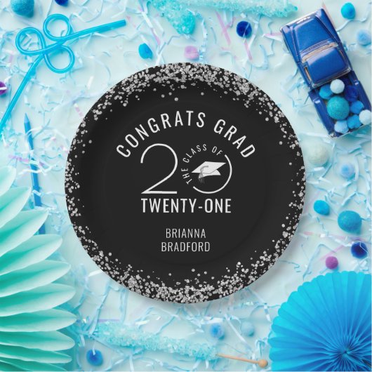 KLASSE VAN 2021 Afstuderen Silver Glitter Zwart Papieren Bordje (Feest)