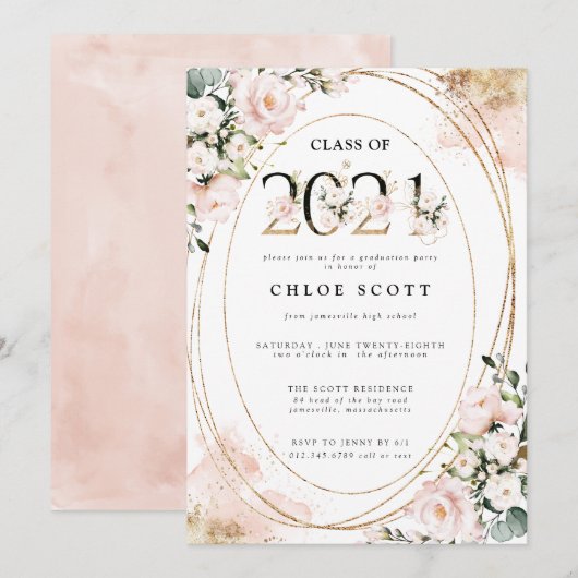 Klasse van 2021 Blush Pink Gold Afstuderen Kaart (Voorkant / Achterkant)