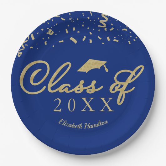 Klasse van 2021 Gold Script Graduation Party Blauw Papieren Bordje (Voorkant)