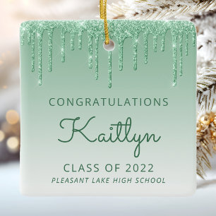 Klasse van 2022 Groene Glitter Drip Photo Afstuder Keramisch Ornament