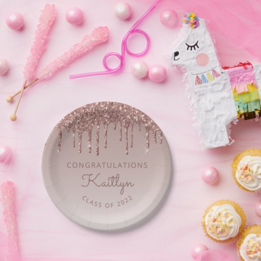 Klasse van 2022 Roos Gold Glitter Drip Afstuderen Papieren Bordje (Feest)