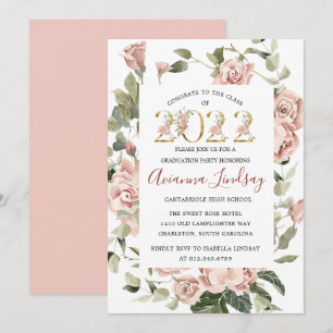 Klasse van 2022 Roze Rose Floral Afstuderen Invita Kaart