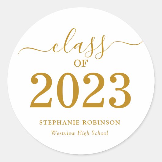 Klasse van 2023 Gold Script-Afstuderen Ronde Sticker (Voorkant)