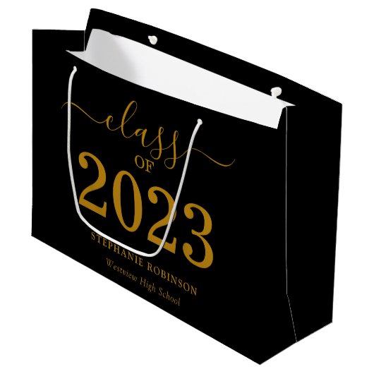 Klasse van 2023 Gold Script op zwart Afstuderen Groot Cadeauzakje (Voorkant Gekanteld)
