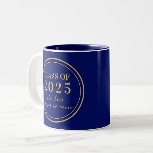 Klasse van 2023 Navy Blue Gold Monogram Afstuderen Tweekleurige Koffiemok (Voorkant links)