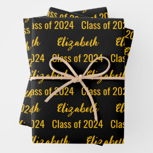 Klasse van 2024 Black and Gold Graduate's Name Inpakpapier Vel