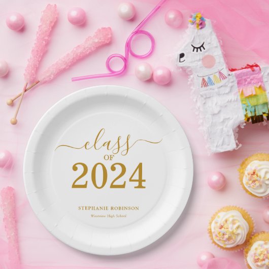 Klasse van 2024 Gold Script Afstuderen Papieren Bordje (Feest)