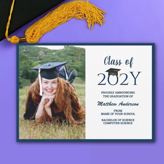 Klasse van 2024 Navy Blue Afstuderen Foto Afstuder Aankondiging