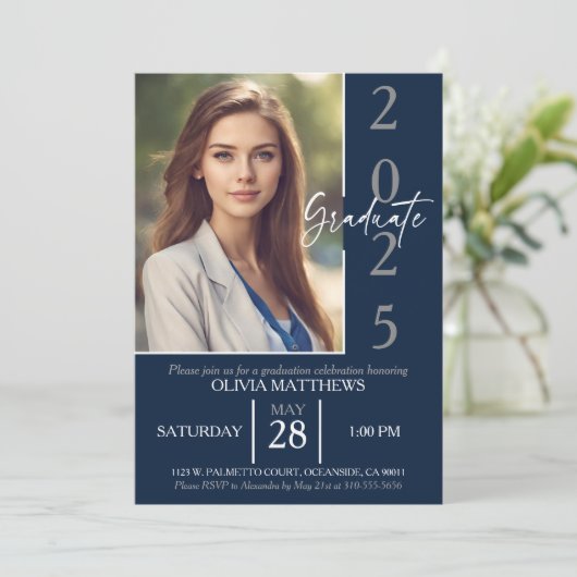 Klasse van 2024 Navy Blue Custom Photo Afstuderen Kaart