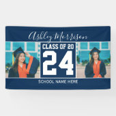 Klasse van 2024 Navy Blue & White Afstuderen Foto Spandoek (Horizontaal)