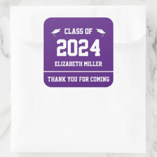 Klasse van 2024 Paarse en witte Afstuderen Favor Vierkante Sticker