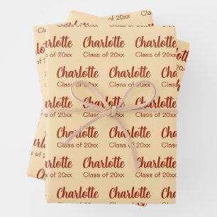 Klasse van 2024 Perzik en Rood Afstuderen Naam Pat Inpakpapier Vel