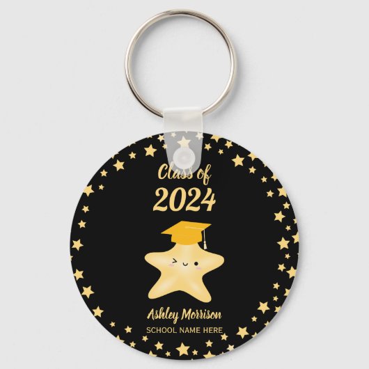 Klasse van 2024 Zwart en Goud Super Star Afstudere Sleutelhanger (Voorkant)