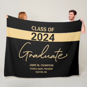 Klasse van 2024 Zwart Goud Gepersonaliseerd Afstud Fleece Deken