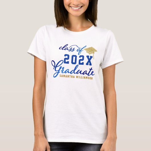 Klasse van 2025 Afstuderen Blauw Goud Wit Afstuder T-shirt (Voorkant)