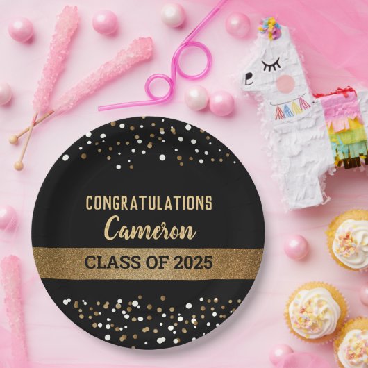 Klasse van 2025 Afstuderen Naam Gold Confetti Papieren Bordje (Feest)