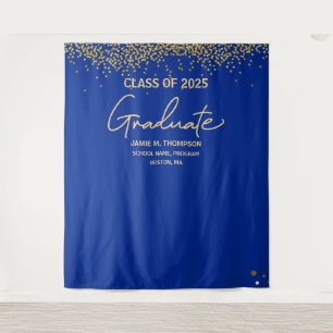Klasse van 2025 afstuderen Royal Blue Gold Confett Wandkleed