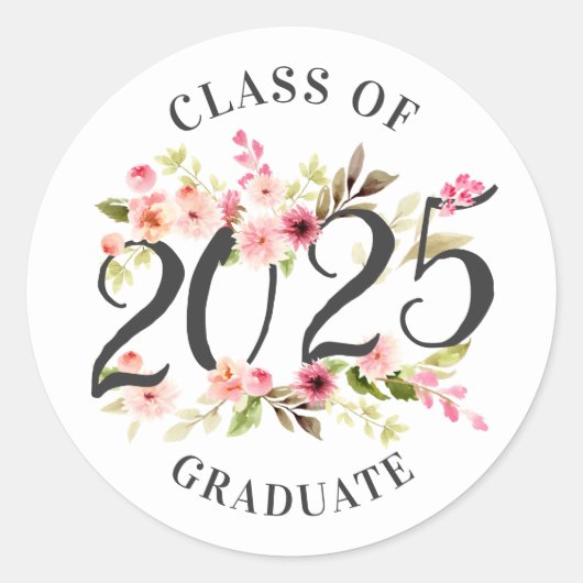 Klasse van 2025 Afstuderen Roze Bloemen Afstuderen Ronde Sticker (Voorkant)