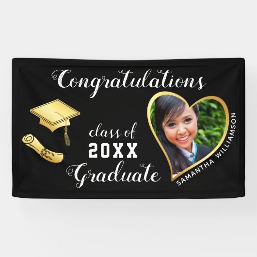 Klasse van 2025 Custom Photo Black Gold Afstuderen Spandoek (Horizontaal)