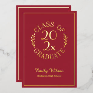 Klasse van 2025 Graduation Party Maroon en Goud Folie Uitnodiging