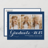 Klasse van 2025 Navy Blue Photo Collage Afstuderen Aankondigingskaart (Voorkant / Achterkant)