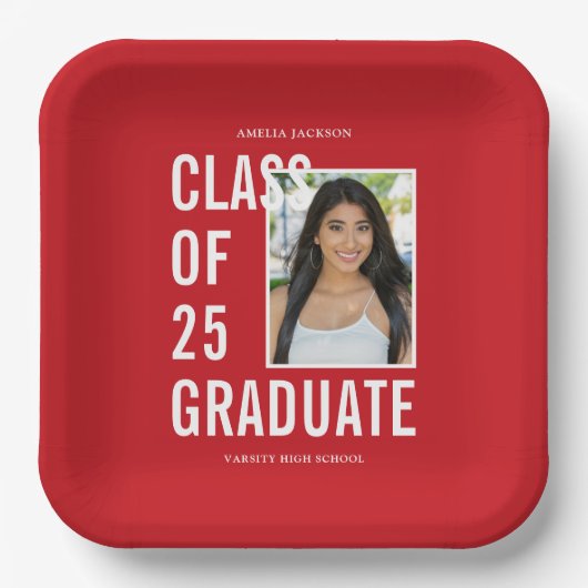 Klasse van 2025 Rood & Wit Foto Afstudeerfeest Papieren Bordje (Voorkant)