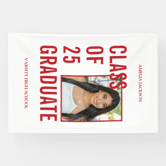 Klasse van 2025 Rood & Wit Foto Afstuderen Spandoek (Horizontaal)