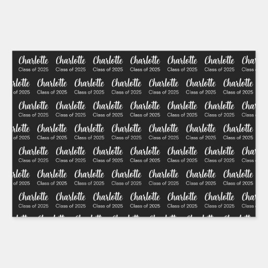Klasse van 2025 Zwart Wit Afstuderen naampatroon Inpakpapier Vel (Voorkant)