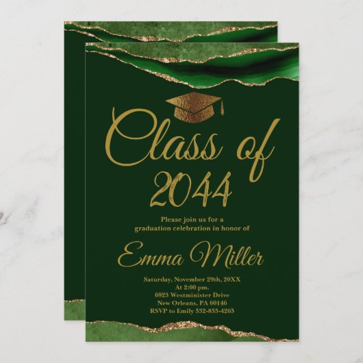 Klasse van 20XX - Groene en Gouden Afstudeerfeest Kaart (Voorkant / Achterkant)