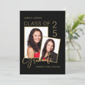 Klasse van 25 Photo Black & Gold Script-Afstuderen Aankondiging (Staand voorkant)