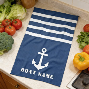 Klassiek anker voor scheepsnaam Navy Blue Theedoek