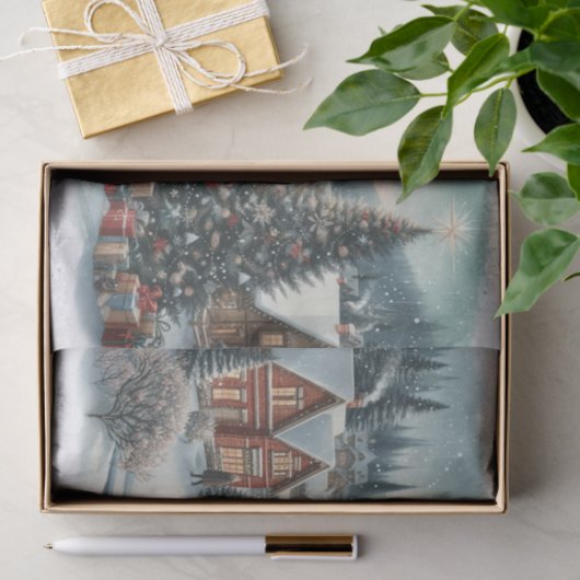 Klassiek aquarel Kerst dorp met rendieren Tissuepapier (Geschenk)