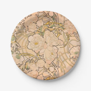 Klassiek Art Nouveau Pioenentuin Patroon van Mucha Papieren Bordje