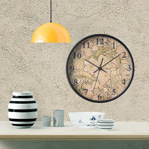 Klassiek Art Nouveau Pioenentuin Patroon van Mucha Ronde Klok