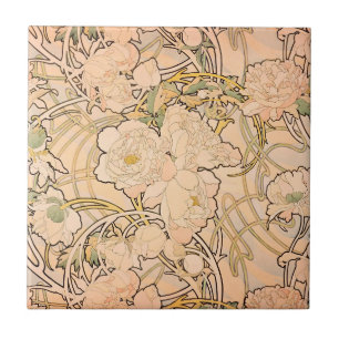 Klassiek Art Nouveau Pioenentuin Patroon van Mucha Tegeltje