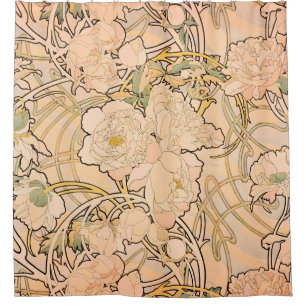 Klassiek Art Nouveau Pioenentuinpatroon van Mucha Douchegordijn