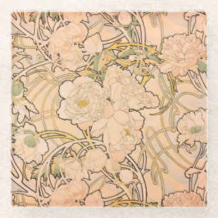 Klassiek Art Nouveau Pioenentuinpatroon van Mucha Glazen Onderzetter