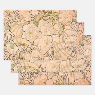 Klassiek Art Nouveau Pioenentuinpatroon van Mucha Inpakpapier Vel