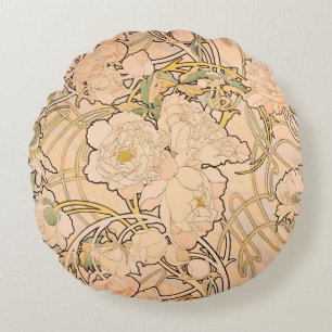 Klassiek Art Nouveau Pioenentuinpatroon van Mucha Rond Kussen