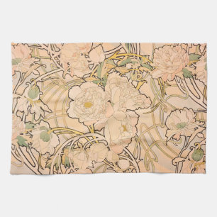 Klassiek Art Nouveau Pioenentuinpatroon van Mucha Theedoek